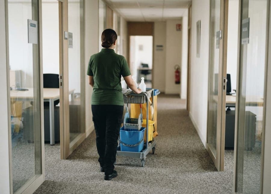 Intervenante poussant un chariot de ménage dans un couloir de bureaux