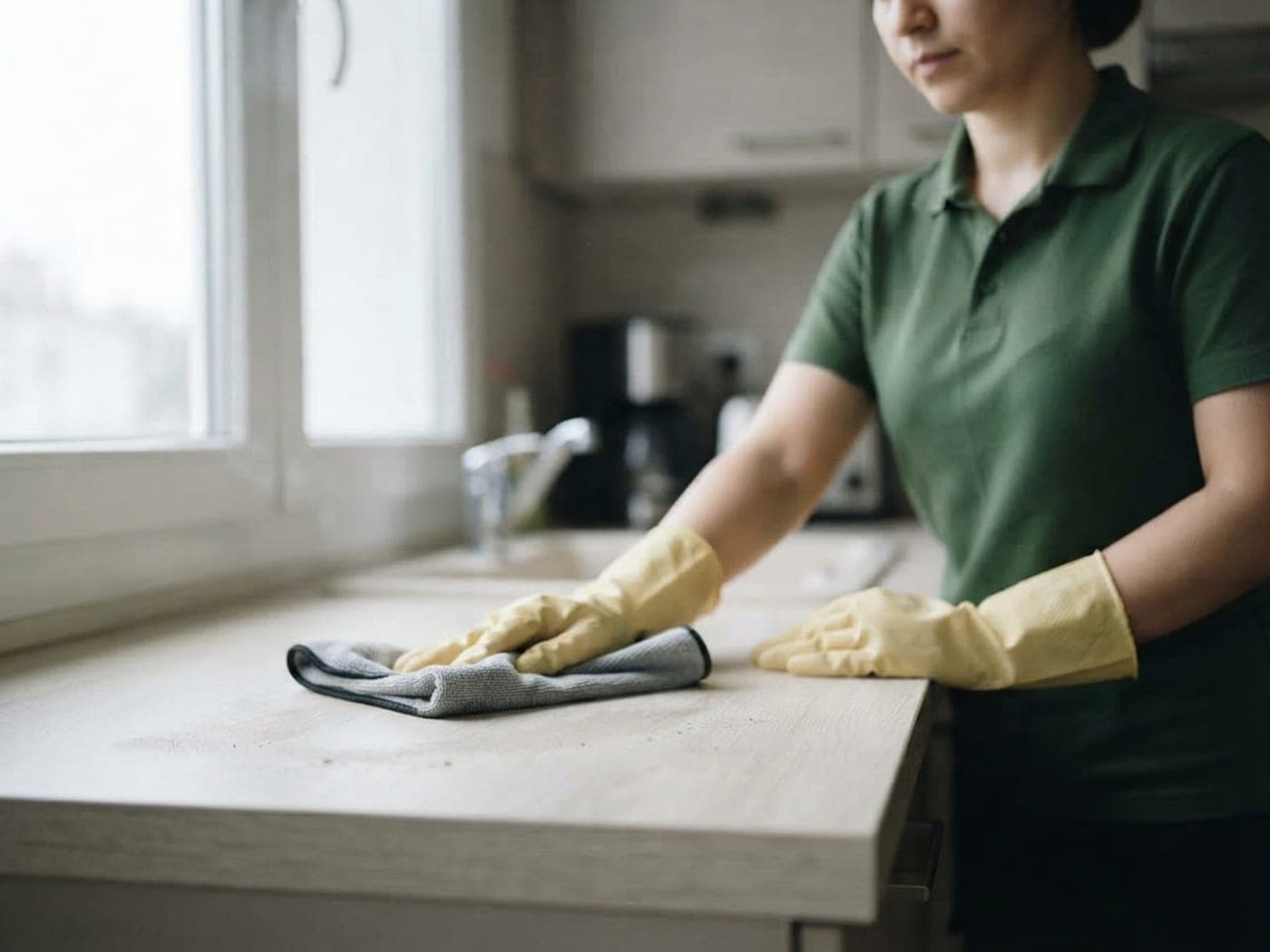 Mains gantées essuyant un plan de travail de cuisine avec une microfibre