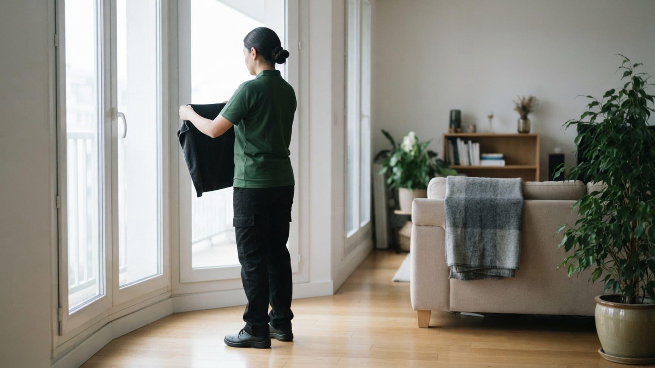 Intérieur clair en fin de ménage, baie vitrée à gauche, sol qui renvoie la lumière
