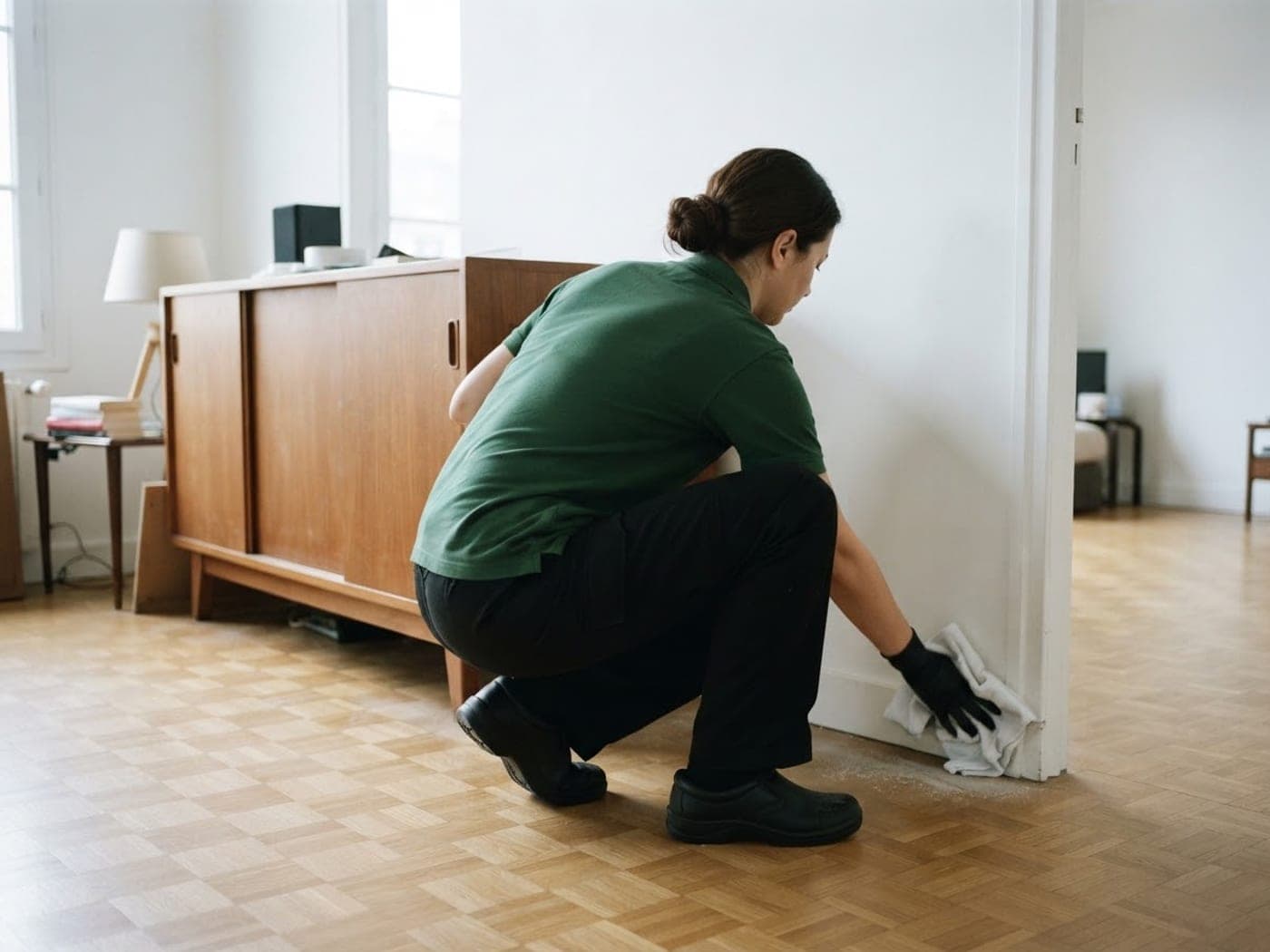 Intervenante accroupie nettoyant une plinthe près d'un meuble écarté du mur