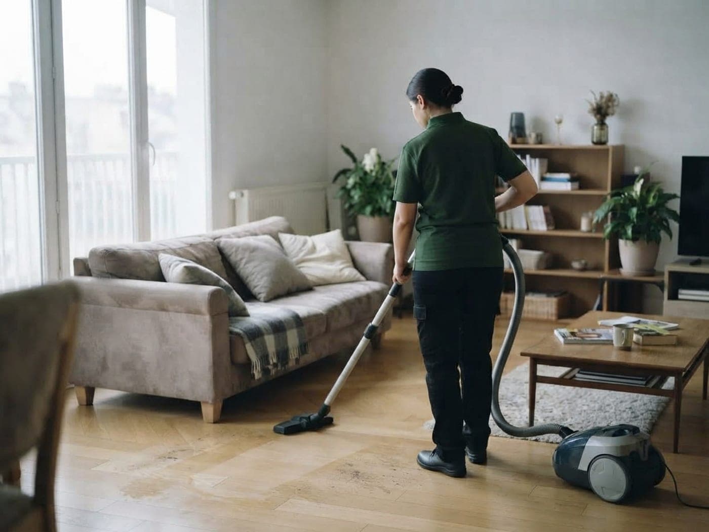Intervenante passant l'aspirateur dans un séjour clair avec plantes et étagères
