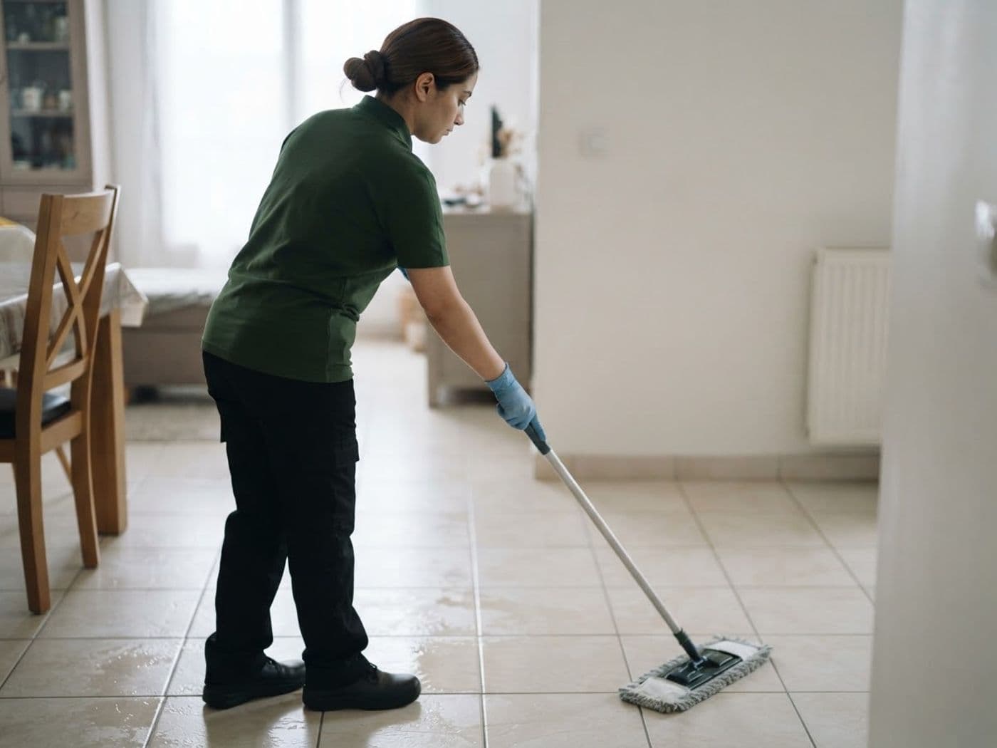 Intervenante passant la serpillère sur un carrelage clair, salle à manger en fond
