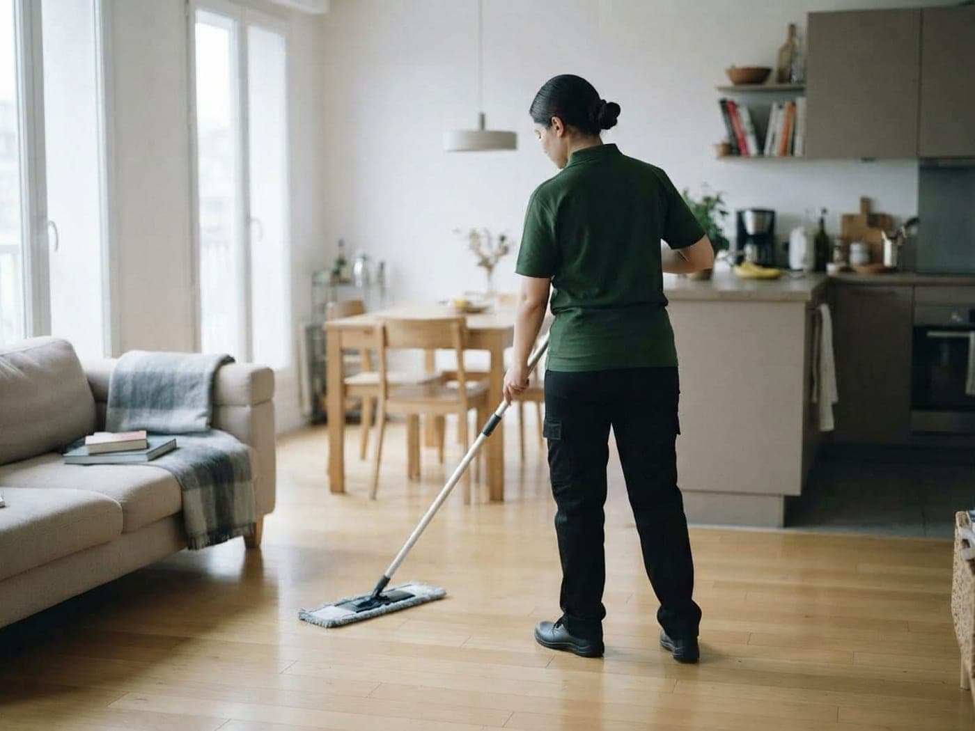 Intervenante passant la serpillère dans un séjour-cuisine ouvert et habité