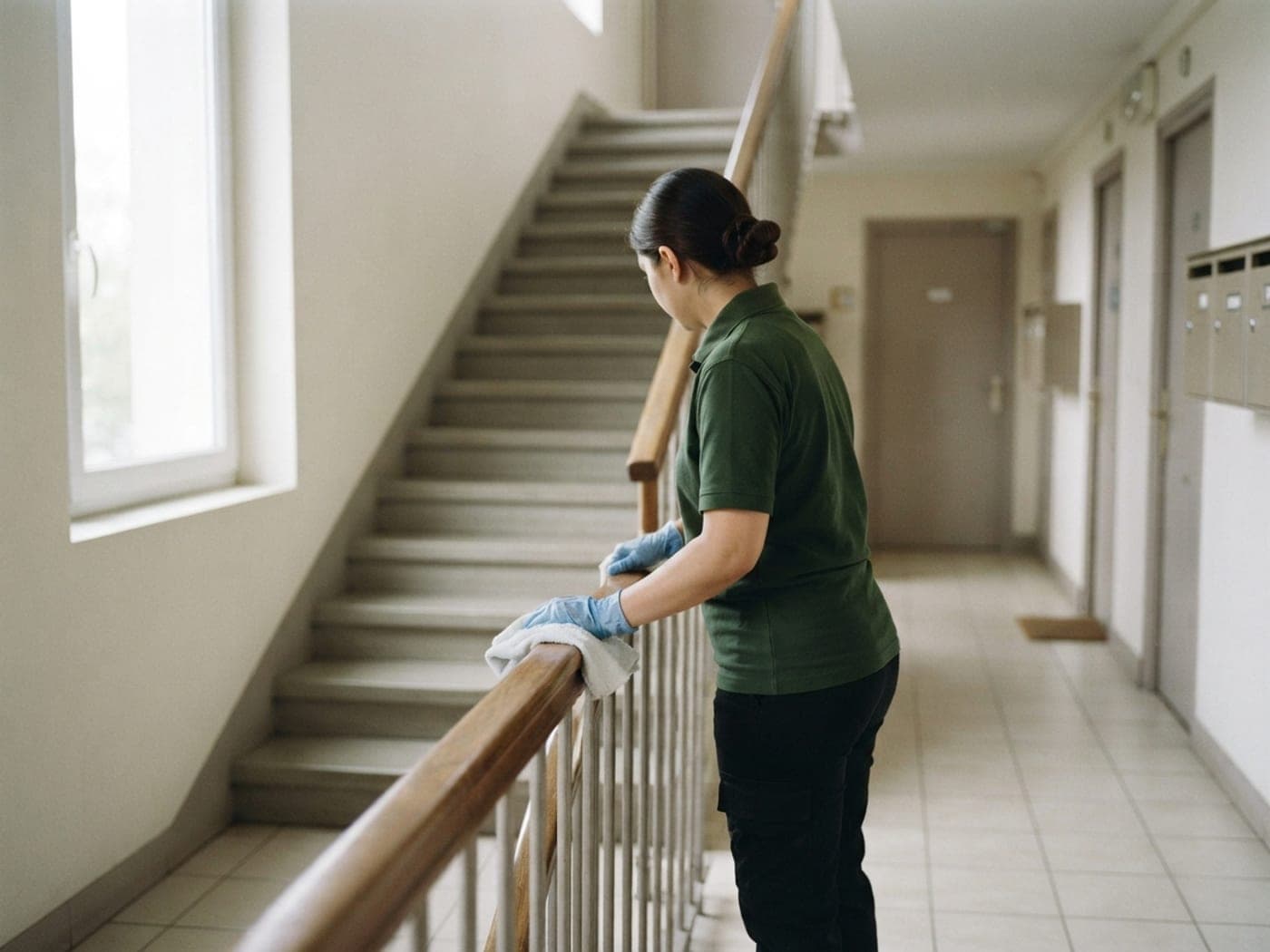 Intervenante gantée dans une cage d'escalier claire, rampe métallique