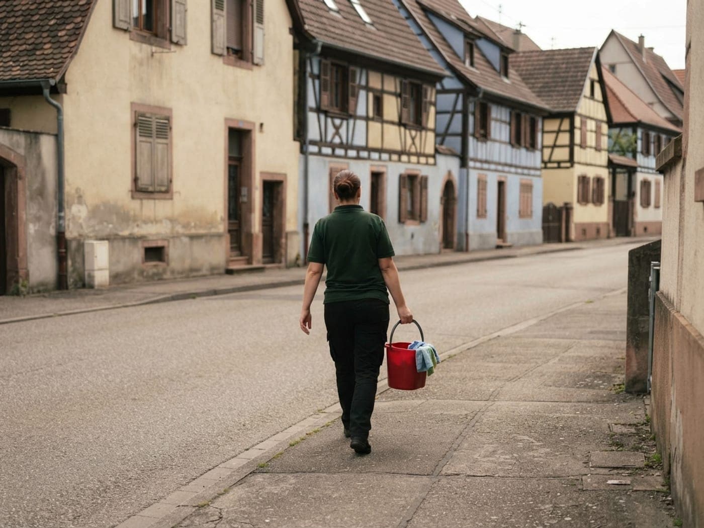 Rue résidentielle alsacienne à maisons à colombages, intervenante marchant avec un seau