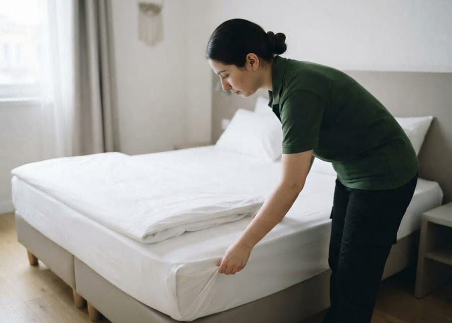 Intervenante bordant un lit fait au carré avec du linge blanc