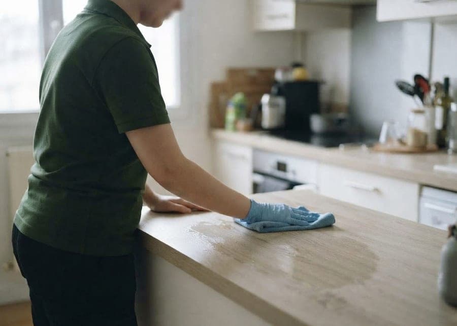 Mains gantées essuyant un plan de travail de cuisine avec une microfibre bleue