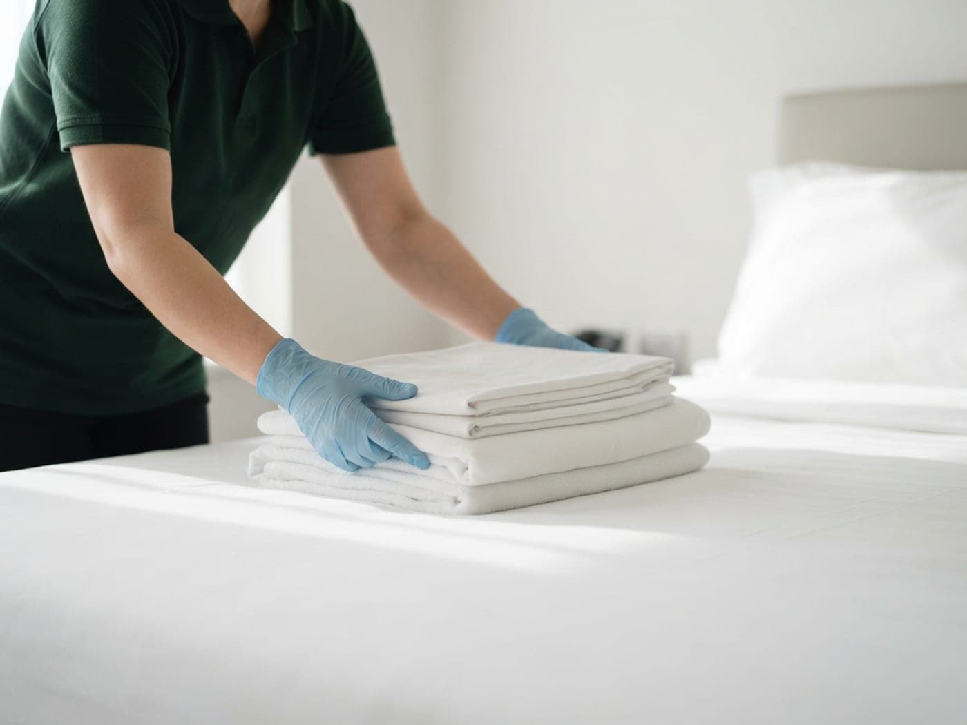 Mains gantées posant une pile de linge blanc plié sur un lit