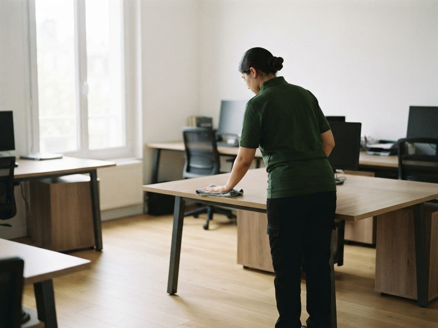 Bureaux d'une PME avec postes de travail équipés, intervenante passant la serpillère
