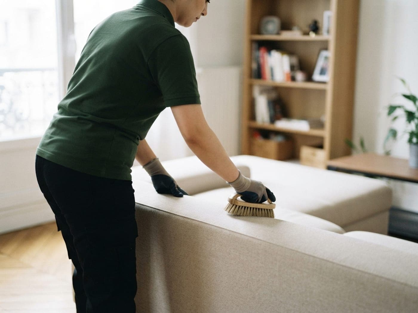 Intervenante frottant l'assise d'un canapé clair à la brosse, parquet visible