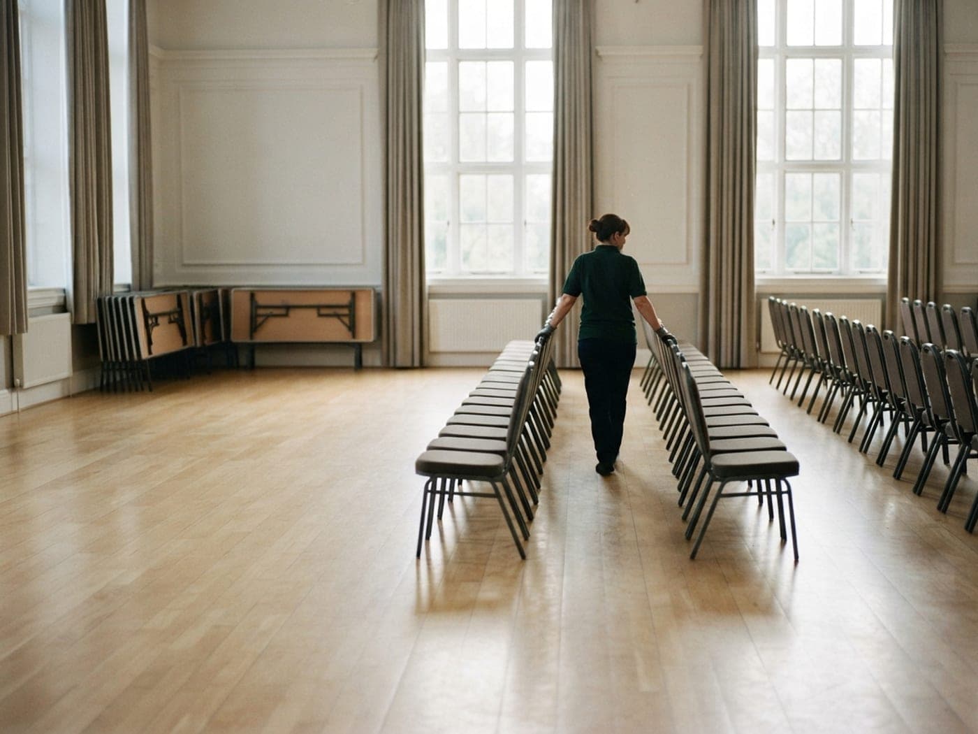 Intervenante remettant en rang des chaises dans une salle de réception aux grandes fenêtres