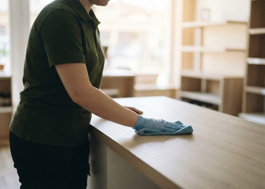 Mains gantées essuyant un comptoir de commerce avec une microfibre bleue