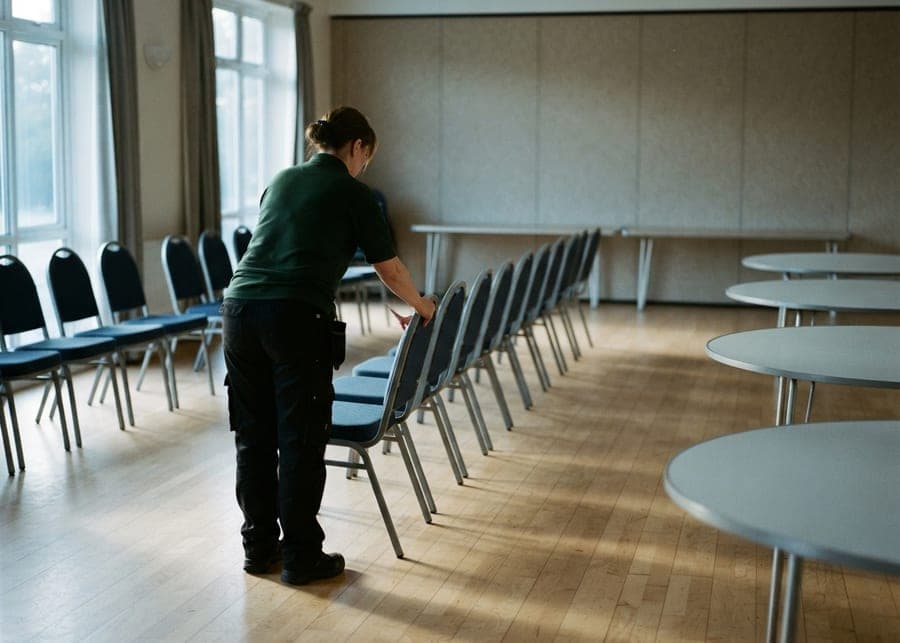 Intervenante alignant des chaises dans une salle après un événement, tables rondes en fond