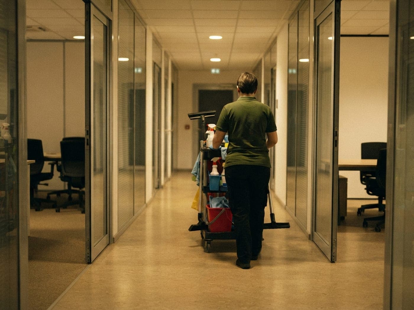 Intervenante poussant un chariot de ménage équipé dans un couloir de bureaux le soir