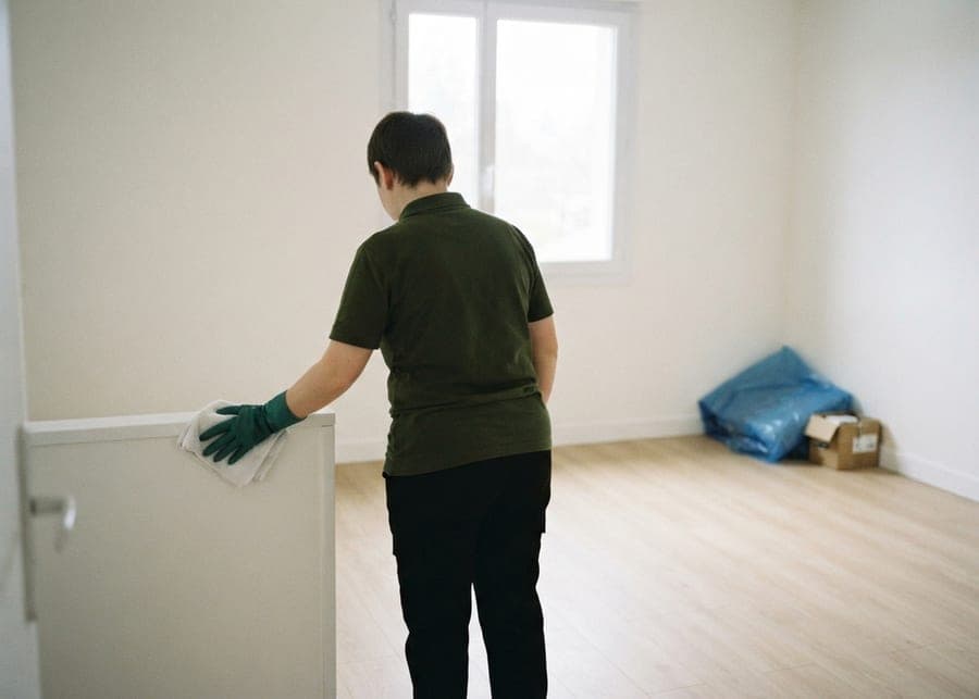 Pièce vide en fin de chantier, bâche pliée dans un coin, meuble blanc essuyé au premier plan